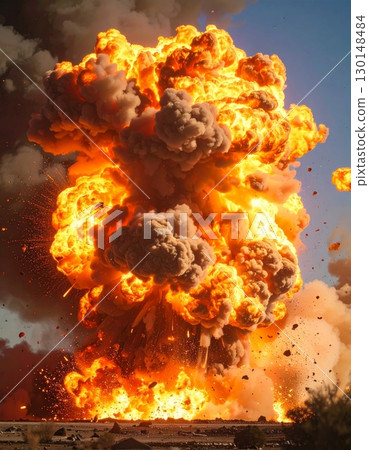 Massive Fireball Explosion with Bright Orange Flames and Black Smoke Against a Blue Sky 130148484