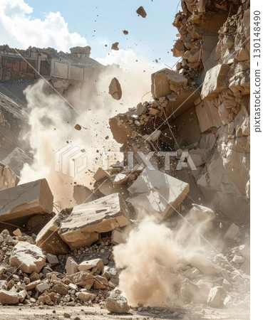 Dramatic Demolition Scene Featuring Collapsing Concrete Structure Amidst Rising Dust and Debris Dramatic Demolition Scene Featuring Collapsing Concrete Structure Amidst Rising Dust and Debris 130148490