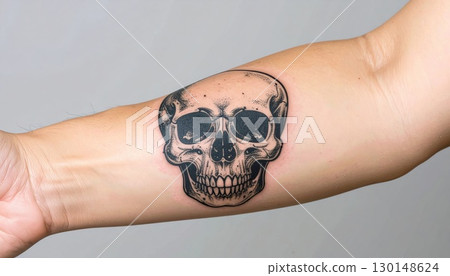 Tattooed Skull on Forearm with Detailed Black Ink Art on Human Skin in Close Up View 130148624