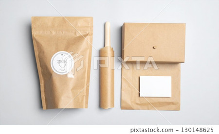 Various Brown Paper Packages and Box with Stickers on Plain Background 130148625
