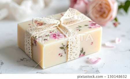 Creamy Artisan Soap with Rose Floral Imprints and Lace Ribbon on Textured Surface 130148632