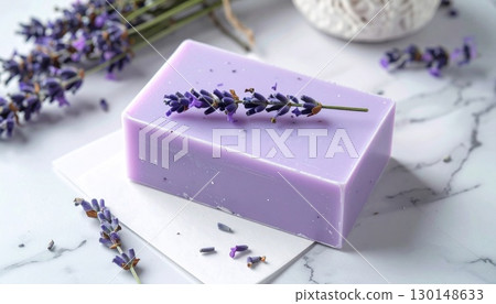 Rectangular Purple Lavender Soap Bar with Lavender Sprigs on a Marble Surface 130148633