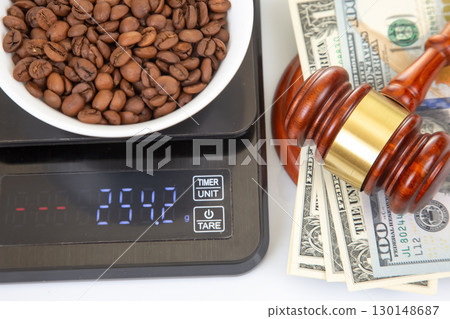 A conceptual still life with a digital scale holding a bowl of coffee beans 130148687