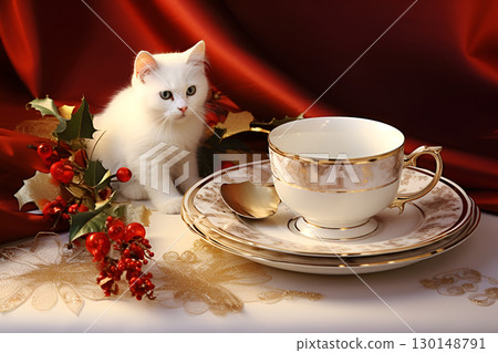 white kitten in a cup of coffee 130148791