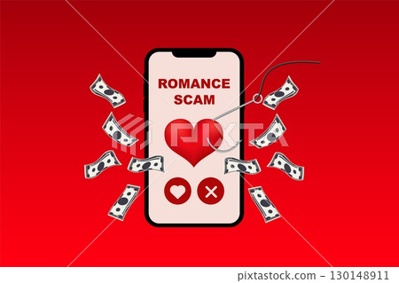 Smartphone displaying romance scam with heart icon and money symbols Smartphone displaying romance scam with heart icon and money symbols 130148911