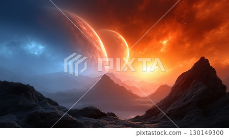 Otherworldly landscape with giant blue and red planets, a vibrant cosmic sky, and rugged alien mountains. Otherworldly landscape with giant blue and red planets, a vibrant cosmic sky, and rugged alien mountains. 130149300