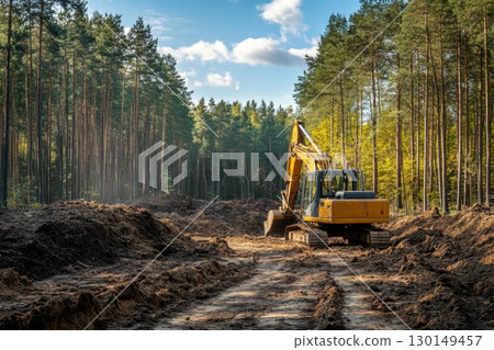 Yellow excavator working on forest construction site with dirt road and pine trees in background 130149457