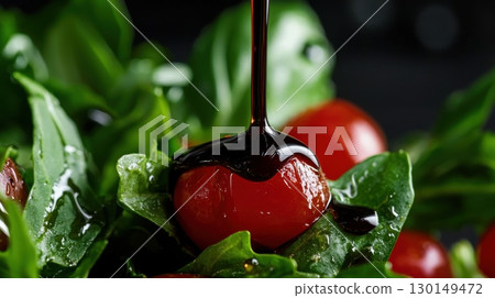 Close up of balsamic glaze dripping on fresh cherry tomato and green salad leaves 130149472