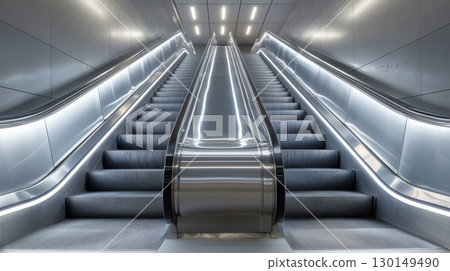 Modern stainless steel escalator in bright subway station interior 130149490