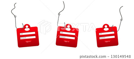 Phishing concept with red login forms on hooks highlight cybersecurity threats 130149548