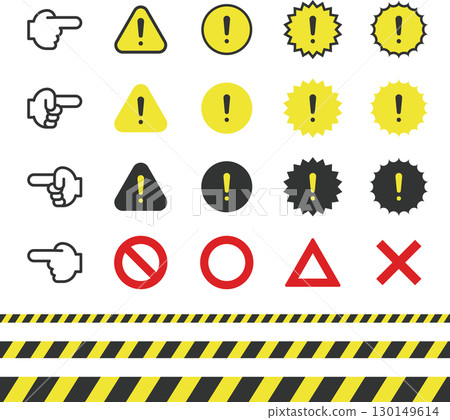 注意/警告/禁止/指向圖示和禁止進入膠帶向量插圖集 130149614