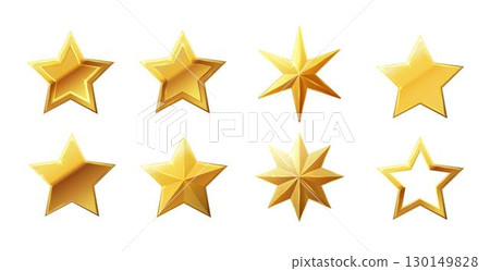 Vector stars set of realistic metallic golden stars isolated on white background. Glossy yellow 3D trophy star icon. 130149828