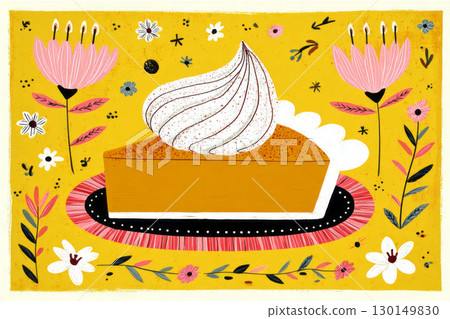 A beautifully decorated table featuring a pumpkin pie topped with whipped cream, surrounded by vibrant flowers, warm lights, and candles, creating a cozy autumn ambiance 130149830