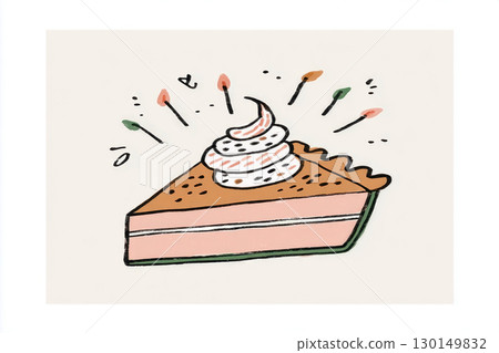 A slice of pumpkin pie is served on a platter, topped with whipped cream. Surrounding the pie are festive decorations, capturing the joyful spirit of autumn gatherings 130149832