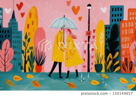 In a vibrant city setting, a young couple walks closely together under a clear umbrella on a rain-soaked sidewalk, surrounded by colorful buildings and autumn leaves 130149857