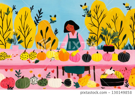 A woman wearing overalls and gloves organizes various heirloom squash and pumpkins into neat rows on a rustic table outdoors, surrounded by autumn foliage and bright colors A woman wearing overalls and gloves organizes various heirloom squash and pumpkins into neat rows on a rustic table outdoors, surrounded by autumn foliage and bright colors 130149858