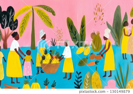 In a sunny garden, a family of mixed ages collects a large basket of vibrant autumn vegetables, including pumpkins, carrots, beets, and zucchini, enjoying the fall together 130149879