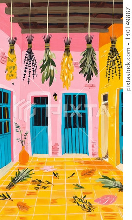 Bundles of dried lavender and oregano are elegantly tied with twine and suspended from a weathered wooden rack, adding a warm autumn touch to a vibrant alleyway with colorful facades 130149887