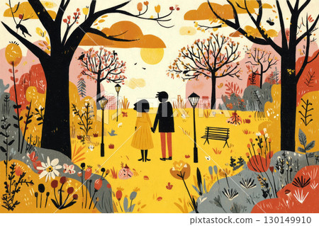 A couple holds hands while walking through a vibrant city park in autumn. The trees are adorned with colorful leaves, and flowers are blooming along the pathway A couple holds hands while walking through a vibrant city park in autumn. The trees are adorned with colorful leaves, and flowers are blooming along the pathway 130149910