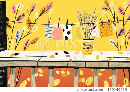 Bunches of dried lavender and oregano are neatly tied with twine and hung on a rustic wooden rack, creating a charming autumn display filled with seasonal colors 130149919