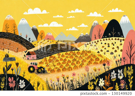 Vibrant autumn colors fill the landscape as an overhead view showcases a pumpkin field surrounded by hills and farmland, highlighting the beauty of fall harvest season 130149920