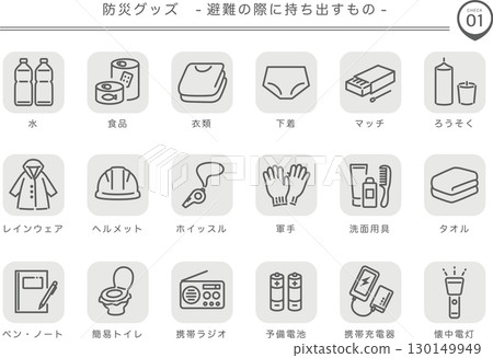 災害防備物資：撤離時需攜帶的物品（灰色） 130149949