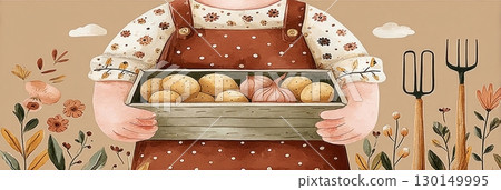 In a vibrant autumn setting, a man proudly presents a wooden crate overflowing with freshly dug potatoes and onions, surrounded by fall flora and cheerful colors In a vibrant autumn setting, a man proudly presents a wooden crate overflowing with freshly dug potatoes and onions, surrounded by fall flora and cheerful colors 130149995