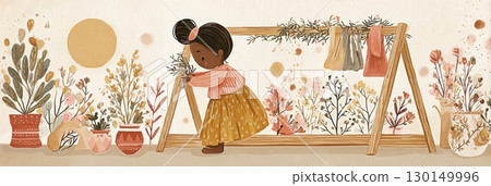 In a serene autumn environment, a woman dressed in a cozy knitted cardigan tends to freshly cut dill and parsley on a wooden drying rack surrounded by blooming plants In a serene autumn environment, a woman dressed in a cozy knitted cardigan tends to freshly cut dill and parsley on a wooden drying rack surrounded by blooming plants 130149996
