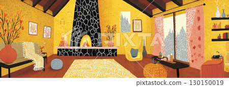 A charming living room filled with autumn decor, featuring a cozy fireplace, colorful pumpkins, and floral arrangements that create a warm ambiance perfect for fall festivities, banner 130150019