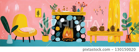 This cozy living room displays a bright pink wall, a warm fireplace surrounded by colorful stones, and cheerful plants, creating an inviting atmosphere for autumn gatherings 130150020