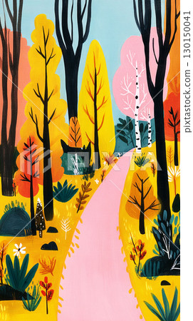 Vibrant autumn colors fill the forest with shades of yellow, orange, and pink, while a winding pink path invites exploration among the tall, bare trees and colorful foliage 130150041
