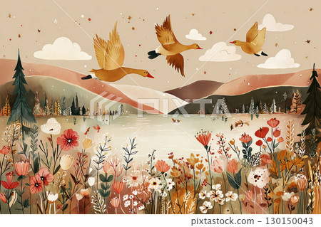 Flying geese glide over a tranquil lake surrounded by blooming autumn flowers and mist. The dawn light highlights the fall scenery, creating a peaceful atmosphere in nature 130150043