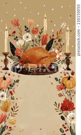 A pair of hands holds a golden turkey, artfully arranged with colorful flowers and autumn leaves, capturing the essence of Thanksgiving Day surrounded by warmth and joy 130150050