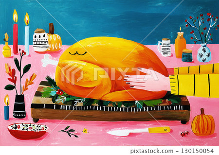 A colorful Thanksgiving Day table displays a perfectly roasted turkey surrounded by candles and autumn decorations. The warm atmosphere sets the stage for a festive gathering 130150054