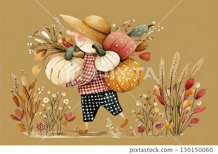In a charming autumn setting, a person carries a variety of pumpkins, surrounded by colorful flowers and foliage, embodying the spirit of harvest in a serene outdoor environment In a charming autumn setting, a person carries a variety of pumpkins, surrounded by colorful flowers and foliage, embodying the spirit of harvest in a serene outdoor environment 130150060