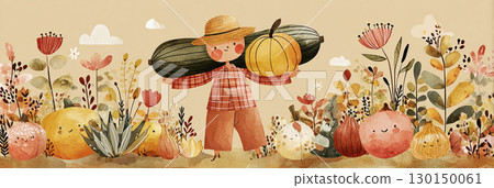 A child happily holds two large squash while surrounded by a colorful array of pumpkins and blooming autumn flowers. The warm autumn colors create a cheerful harvest atmosphere A child happily holds two large squash while surrounded by a colorful array of pumpkins and blooming autumn flowers. The warm autumn colors create a cheerful harvest atmosphere 130150061