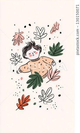 A young girl in a cozy mustard sweater lies happily in a pile of vibrant maple leaves, celebrating the warmth and beauty of the autumn season outdoors A young girl in a cozy mustard sweater lies happily in a pile of vibrant maple leaves, celebrating the warmth and beauty of the autumn season outdoors 130150071
