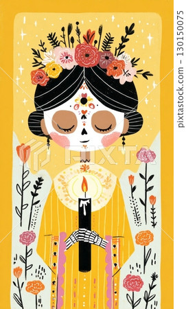 A young Mexican woman, adorned with a floral crown and traditional embroidered blouse, gently holds a decorated sugar skull candle during a colorful Day of the Dead altar ceremony in autumn 130150075