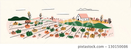 Late afternoon light casts a warm glow over a rustic pumpkin patch filled with colorful pumpkins, set against rolling hills and a charming farmhouse in the distance 130150086
