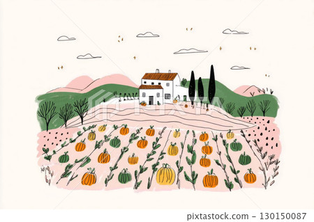 Colorful pumpkins decorate a rustic patch as the warm light of late afternoon enhances the beauty of the farmhouse and rolling hills in the background, creating a serene autumn atmosphere Colorful pumpkins decorate a rustic patch as the warm light of late afternoon enhances the beauty of the farmhouse and rolling hills in the background, creating a serene autumn atmosphere 130150087