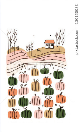 The late afternoon light casts a warm glow over a rustic pumpkin patch filled with pumpkins in various colors and shapes, surrounded by a serene landscape of bare trees and gentle hills The late afternoon light casts a warm glow over a rustic pumpkin patch filled with pumpkins in various colors and shapes, surrounded by a serene landscape of bare trees and gentle hills 130150088