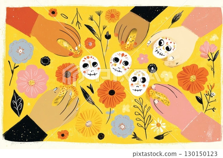 Hands carefully place vibrant marigold flowers and painted sugar skulls on an ornate altar, celebrating the Day of the Dead amidst the rich hues of autumn 130150123