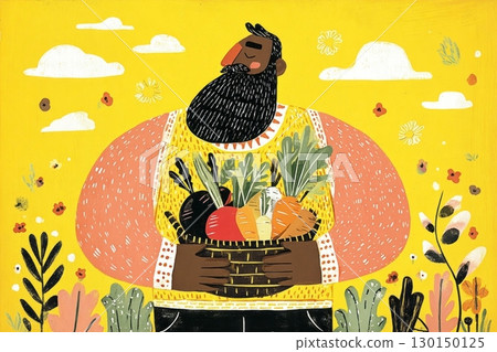 Man with a beard stands proudly holding a basket filled with fresh autumn vegetables, surrounded by flowers and a bright yellow background, capturing the essence of seasonal bounty 130150125