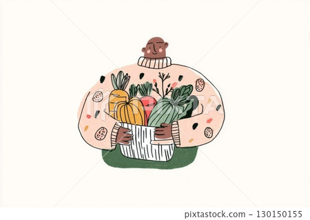In a cozy setting, a person wearing a warm sweater holds a basket brimming with vibrant autumn vegetables including squash, carrots, and greens, celebrating the fall harvest 130150155