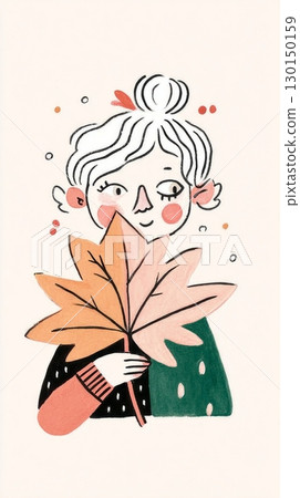 A cheerful child around five years old holds a large yellow maple leaf in front of their face. The warm autumn colors create a playful atmosphere in the background 130150159