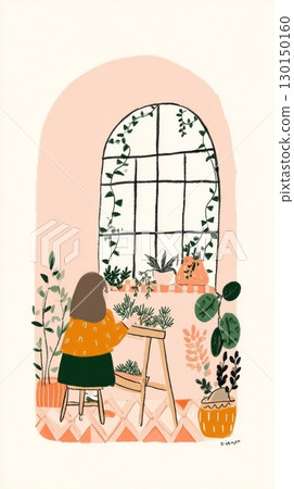 In a cozy autumn environment, a woman wearing a knitted cardigan carefully arranges freshly cut dill and parsley on a wooden drying rack, surrounded by greenery 130150160