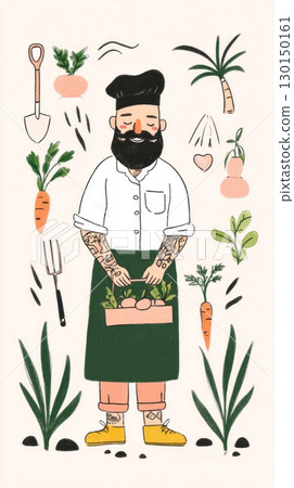 A man in a green apron is happily holding a wooden crate filled with freshly harvested potatoes and onions. The scene captures the essence of autumn, highlighting the bountiful harvest 130150161