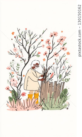 In a serene autumn setting, a man is diligently stacking cut branches near a wooden fence, surrounded by vibrant foliage and the essence of fall's beauty 130150162