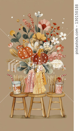 An overhead view captures a joyful Thanksgiving table for kids adorned with vibrant pumpkins, flowers, and playful beverage cups, celebrating the spirit of autumn 130150188