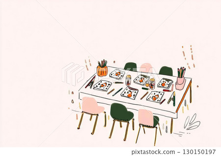 This festive kids Thanksgiving table features colorful plates, art supplies, and seasonal decorations, inviting children to enjoy creative activities during the autumn celebration 130150197